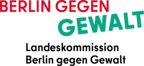 Logo of the 'State Commission Berlin Against Violence': On the left, a stylized Berlin Bear in a red rectangle; to the right, 'Berlin gegen Gewalt' in black font and below it, 'State Commission Berlin Against Violence'.