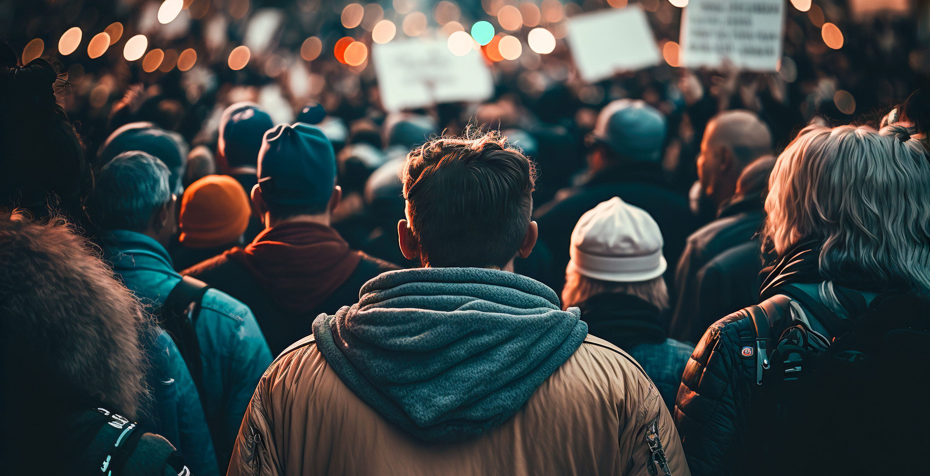 Eine große Gruppe Menschen steht mit dem Rücken zur Kamera. Im Hintergrund des Bildes sind Lichter und hochgehaltene Schilder erkennenbar. Sie scheinen auf einer Demonstration zu sein und ihr Recht auf demokratische Mitbestimmung wahrzunehmen.